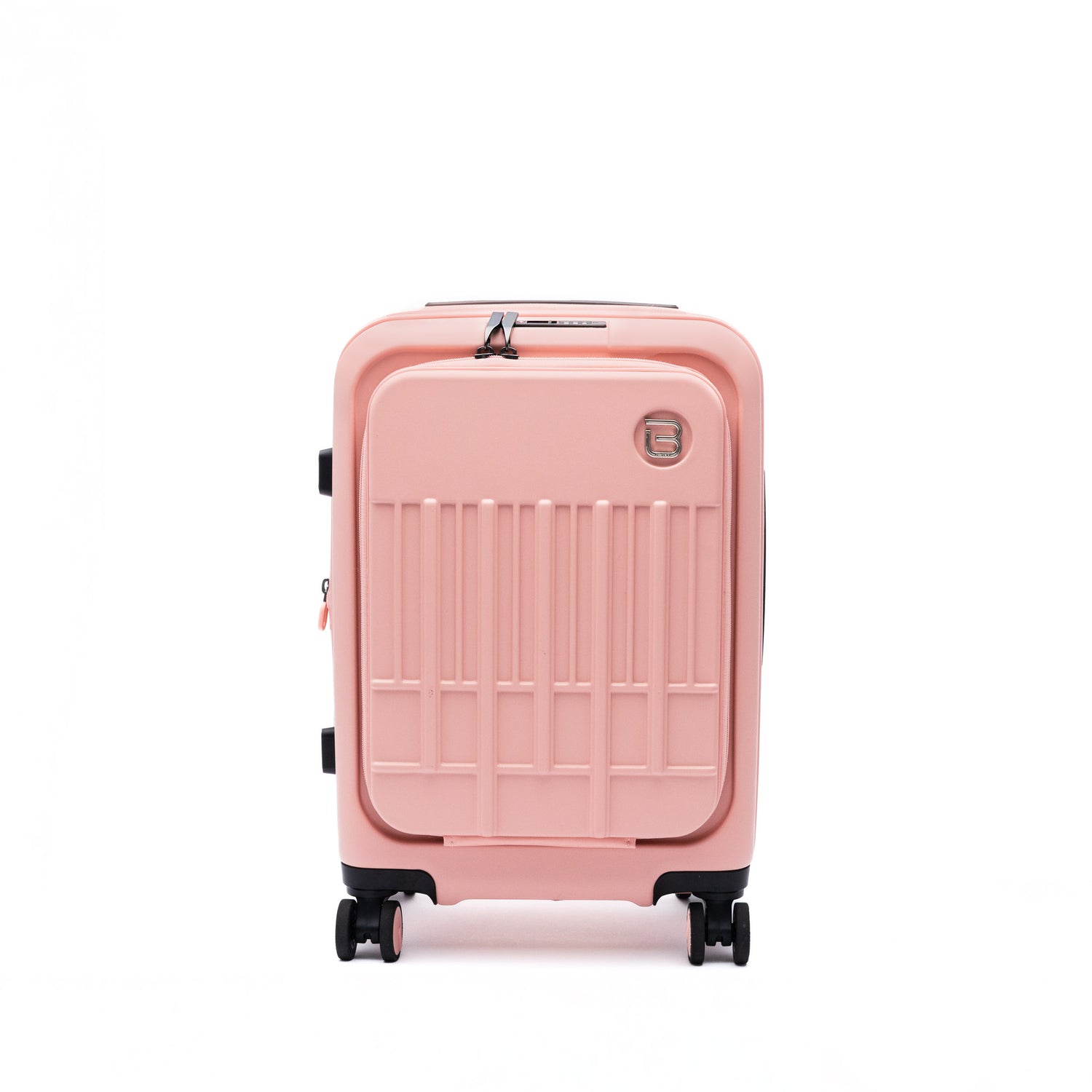 The Beside-U Posh Voyage 20" pink carry-on suitcase stands upright on four wheels against a white background.