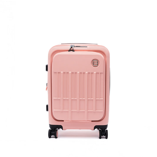Product Image – The Beside-U Posh Voyage 20" pink carry-on suitcase stands upright on four wheels against a white background.
