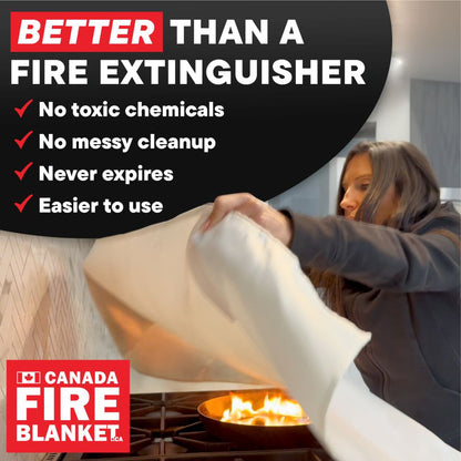 Woman uses Canada Fire Blanket on stove fire; Canada Fire Blanket offers reliable home fire safety.