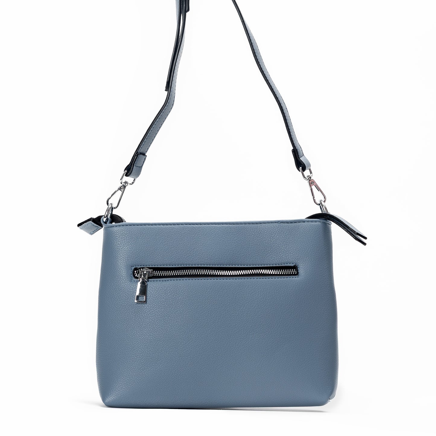Miss Caprice Front Zipper Crossbody in blue leather with adjustable strap and zip pocket on white background.