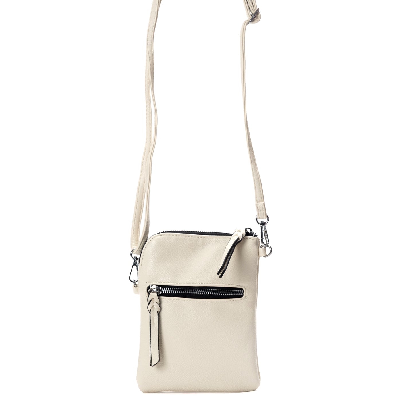 Miss Caprice Small Crossbody in beige with front zip pocket and adjustable strap, displayed on white background.