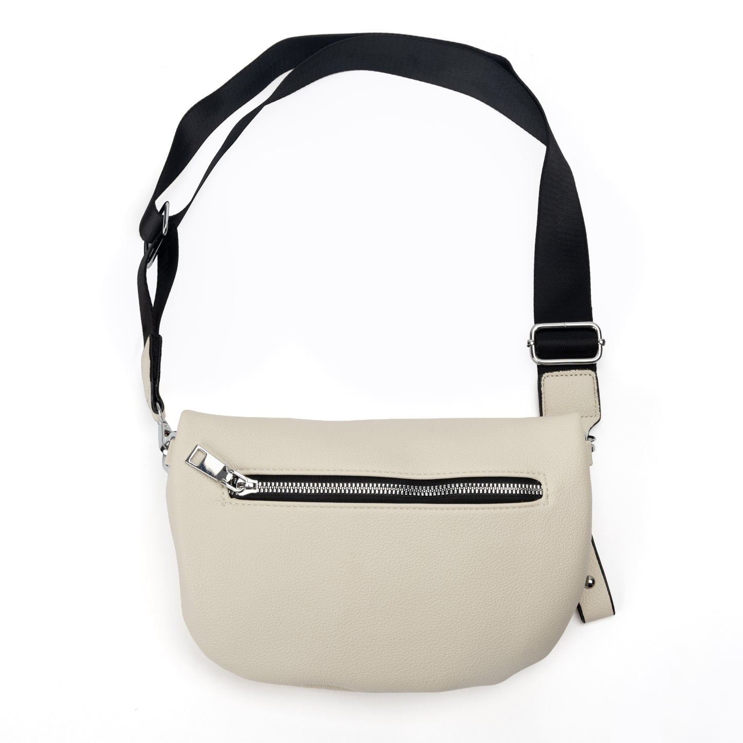 Miss Caprice Waist/Crossbody Bag in cream with adjustable black nylon strap for convenient hands-free style, back view.