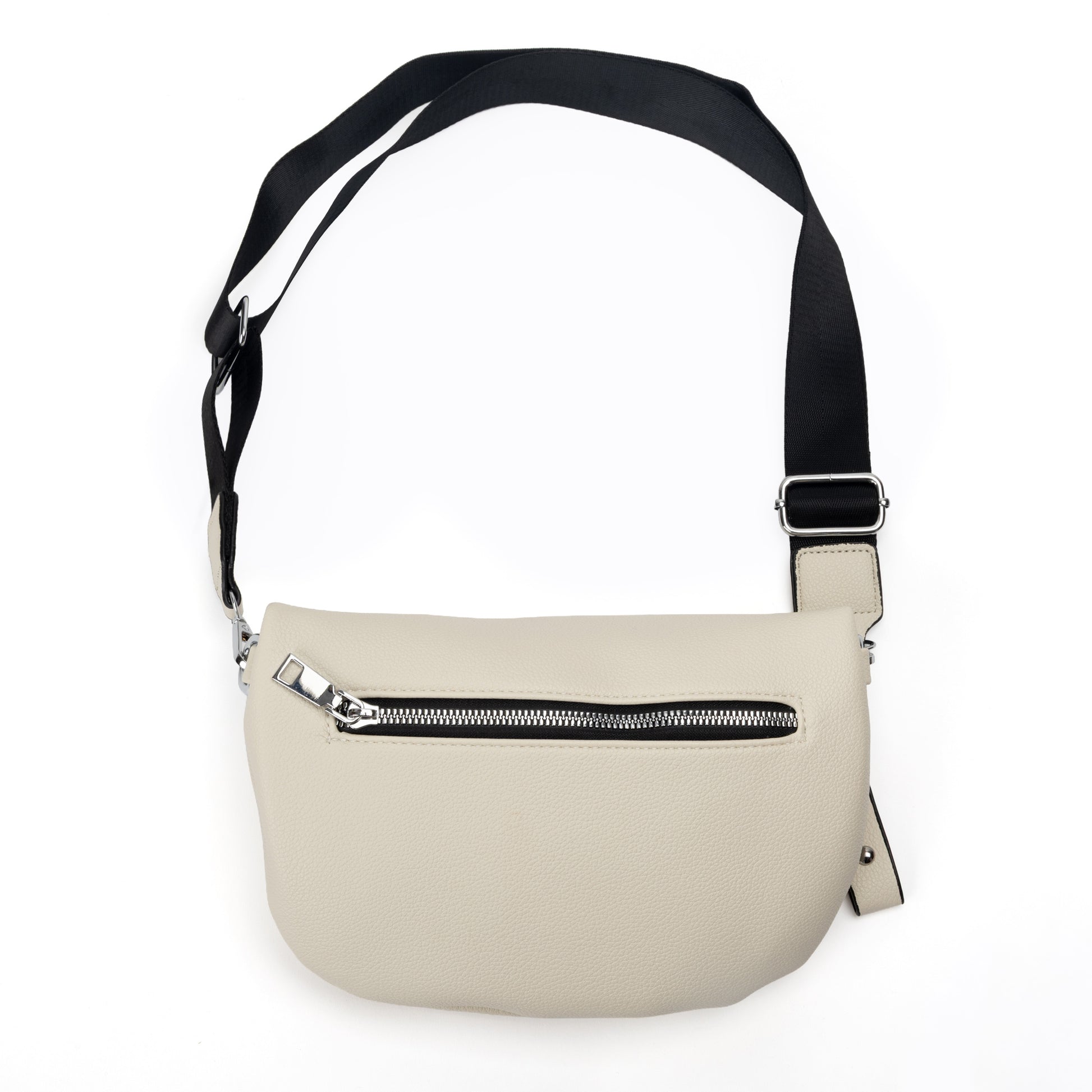 Miss Caprice Waist/Crossbody Bag in cream with adjustable black nylon strap for convenient hands-free style, back view.