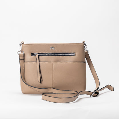 Miss Caprice Front Zipper Crossbody bag with adjustable strap, shown on a white background.