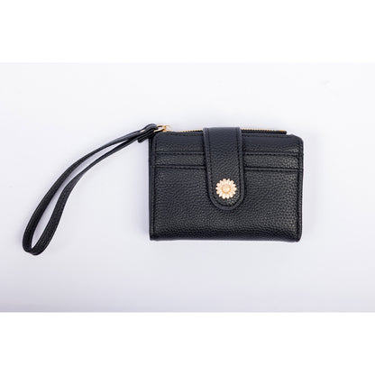 Miss Caprice Small Card and Coin Wallet: compact black leather wristlet with gold flower detail and top zip pocket.