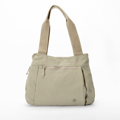 Miss Caprice Nylon Shoulder Bag Tote: light beige, front zip pocket, thick straps—ideal for daily use.