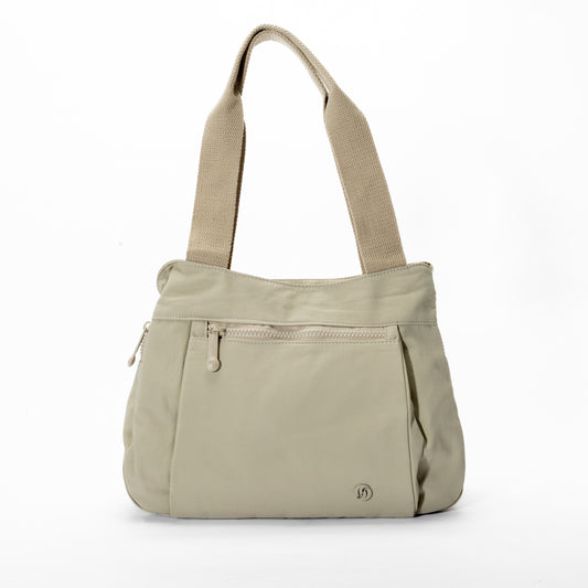 Product Image – Miss Caprice Nylon Shoulder Bag Tote: light beige, front zip pocket, thick straps—ideal for daily use.
