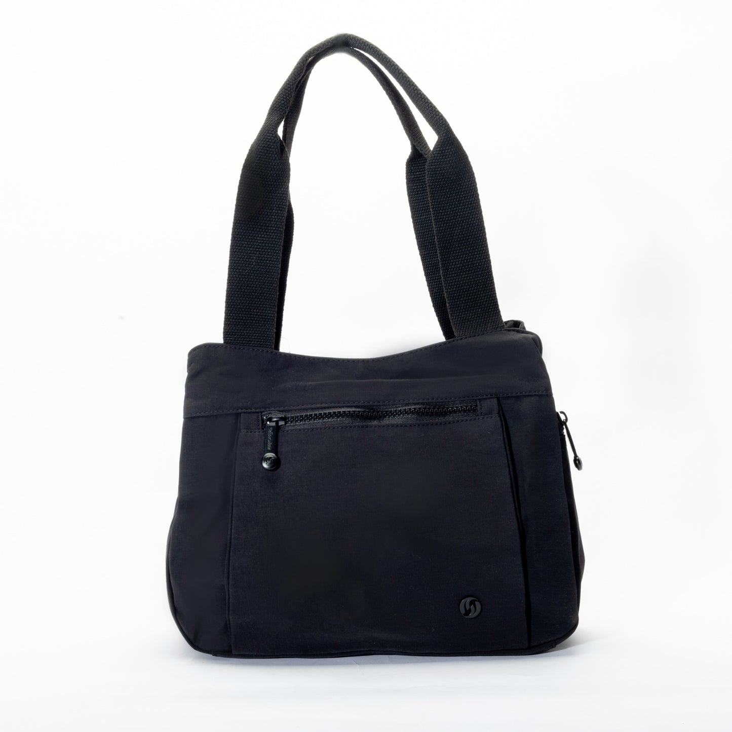 Miss Caprice Nylon Shoulder Bag Tote with double straps, front zip pocket, and small logo at bottom right.