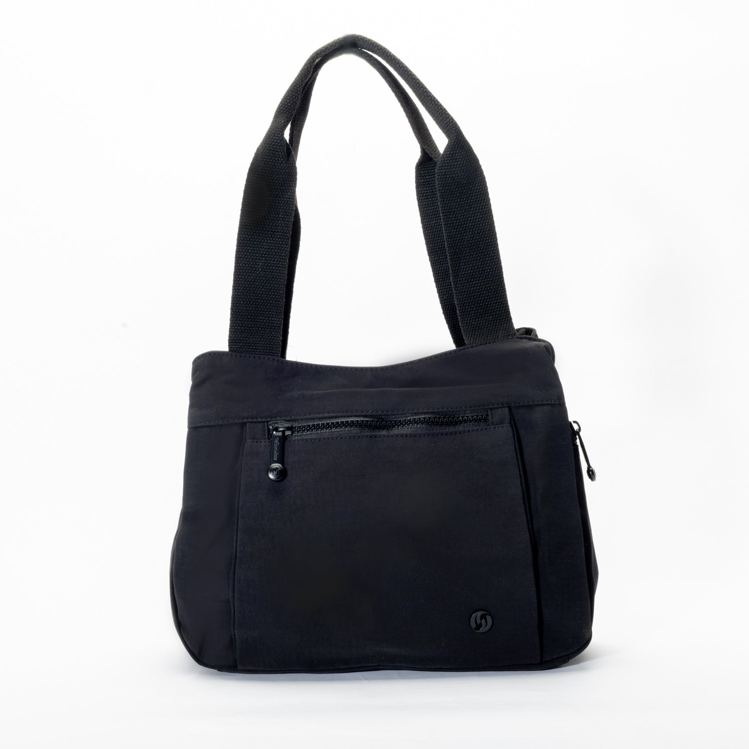 Miss Caprice Nylon Shoulder Bag Tote with double straps, front zip pocket, and small logo at bottom right.