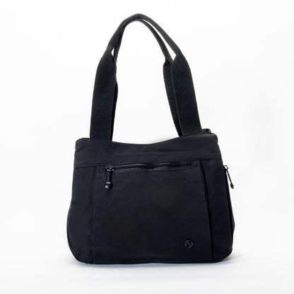 Miss Caprice Nylon Shoulder Bag Tote with double straps, front zip pocket, and small logo at bottom right.