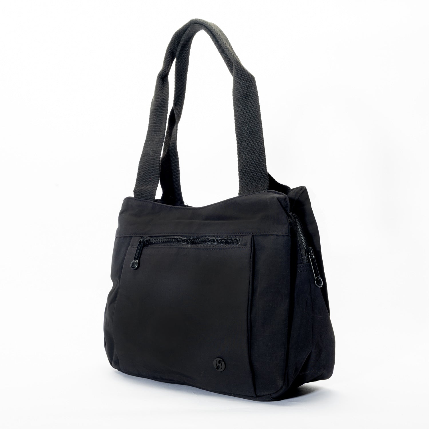The Miss Caprice Nylon Shoulder Bag Tote is a black, lightweight bag with two straps and a front zip pocket.