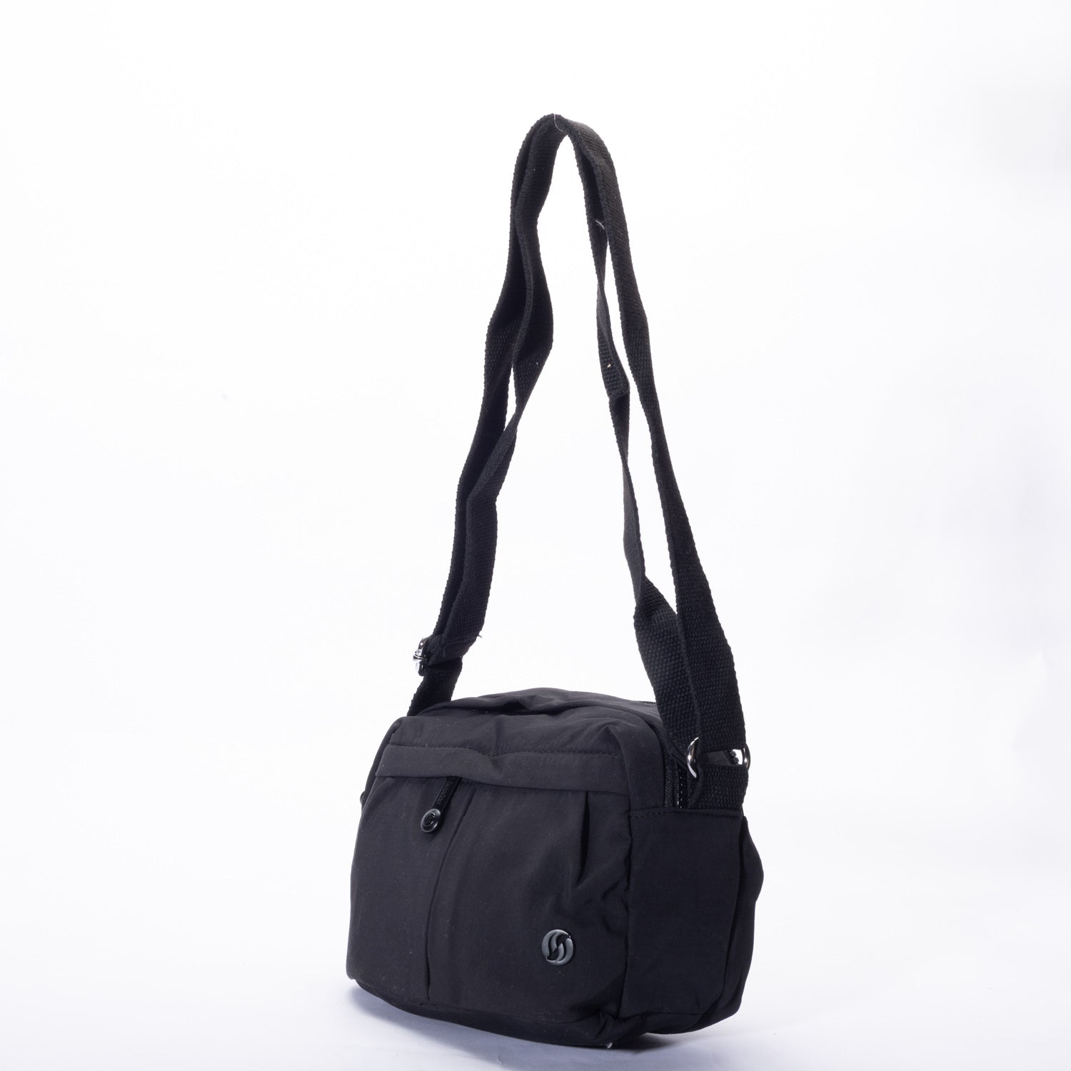 Miss Caprice Compact Nylon Crossbody with double straps and front pockets, shown on a white background.