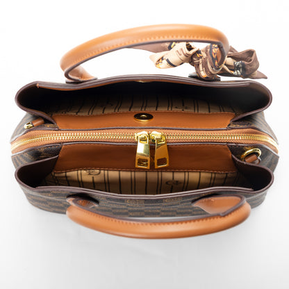 Top view of Miss Caprice Signature Satchel with scarf, gold zipper, striped lining, and tan handles.