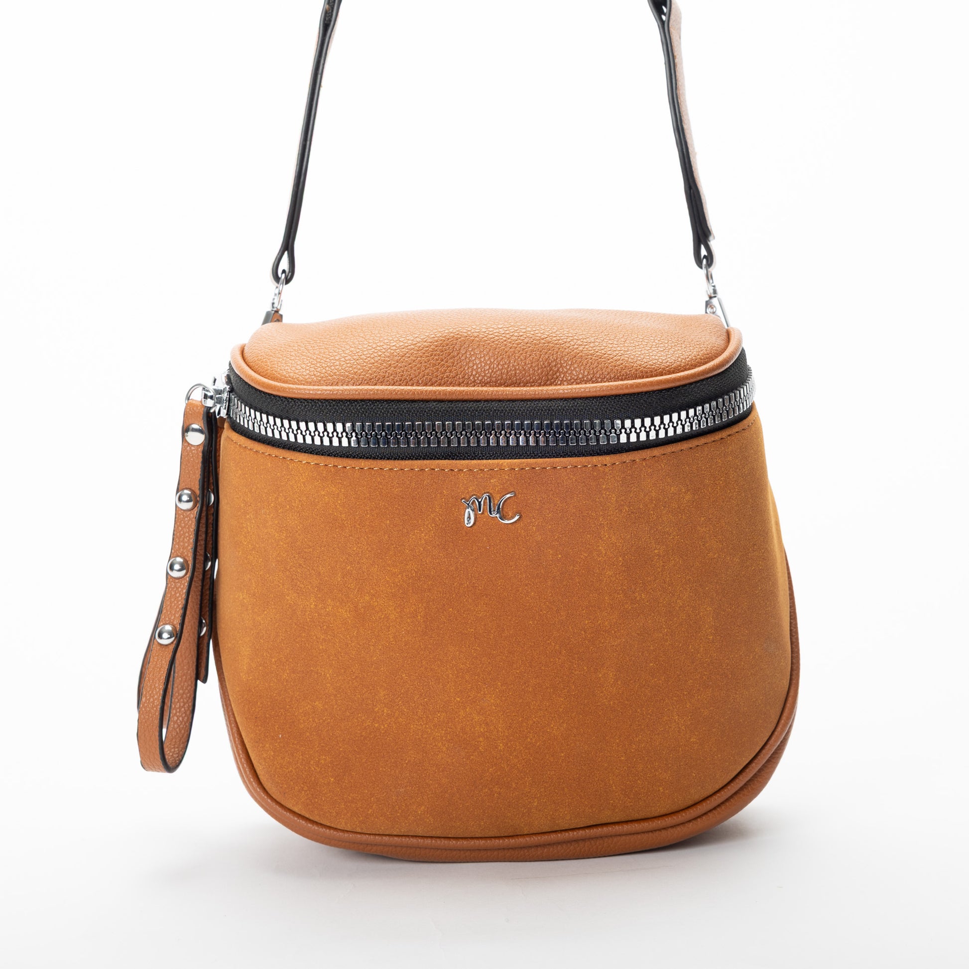 Miss Caprice Clara Crossbody: Tan faux suede bag with silver zip, wrist strap, and metallic front logo.