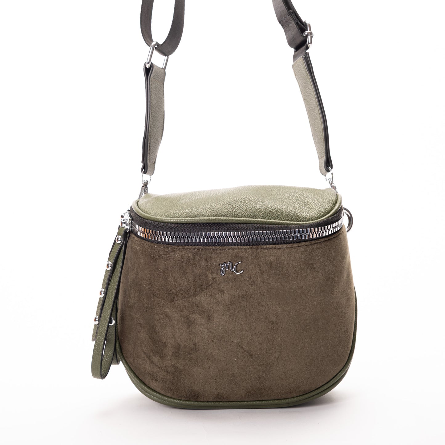 Miss Caprice Clara Crossbody in olive green with faux suede front, silver zipper, and adjustable strap.