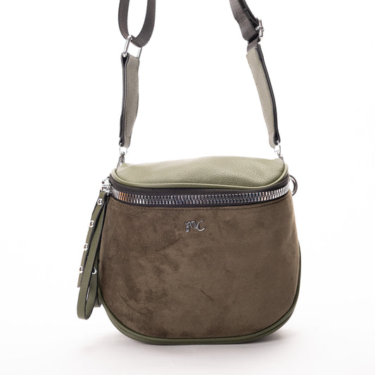 Product Image – Miss Caprice Clara Crossbody in olive green with faux suede front, silver zipper, and adjustable strap.
