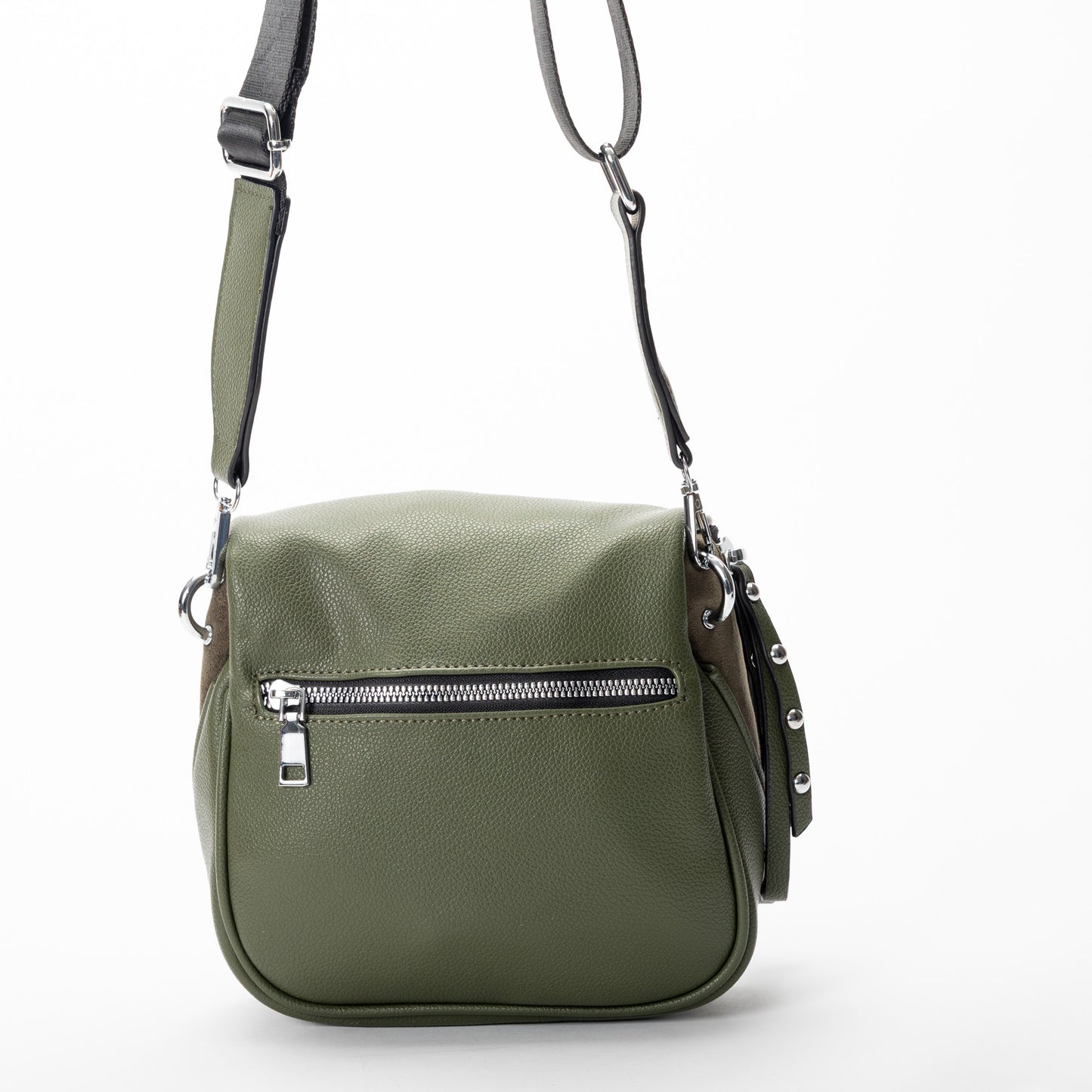 Miss Caprice Clara Crossbody, olive green faux suede with zip compartments and adjustable strap.