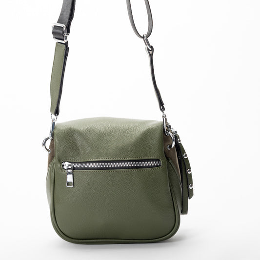 Product Image – Miss Caprice Clara Crossbody, olive green faux suede with zip compartments and adjustable strap.