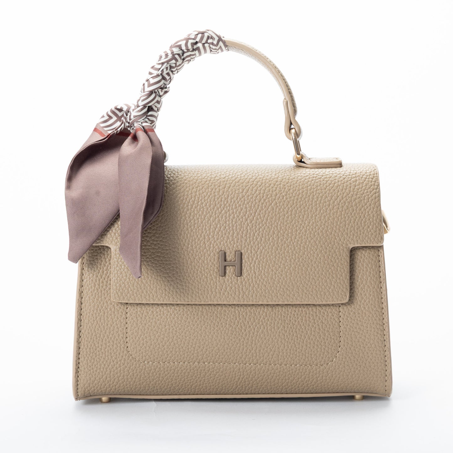 Miss Caprice Hope Handbag: Beige faux leather, scarf-wrapped top handle, metallic "H" on front flap.