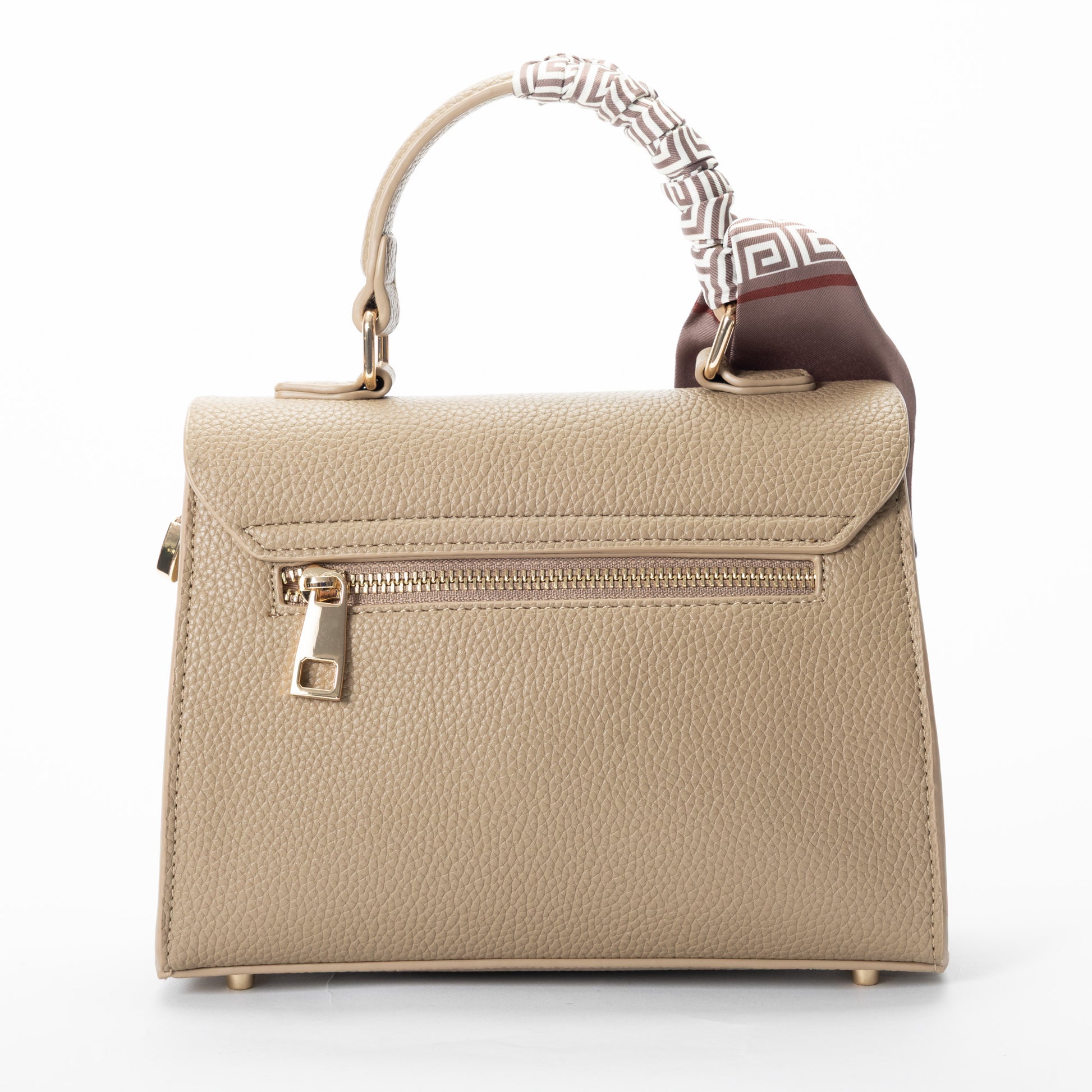 Miss Caprice Hope Handbag—beige faux leather, top handle, patterned scarf accent, zippered back pocket.