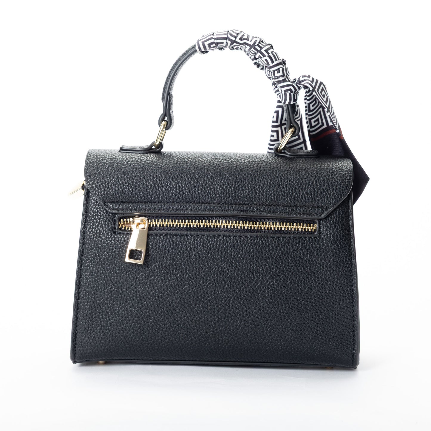 Miss Caprice Hope Handbag: black faux leather with gold zipper, lock, and patterned scarf for a stylish touch.