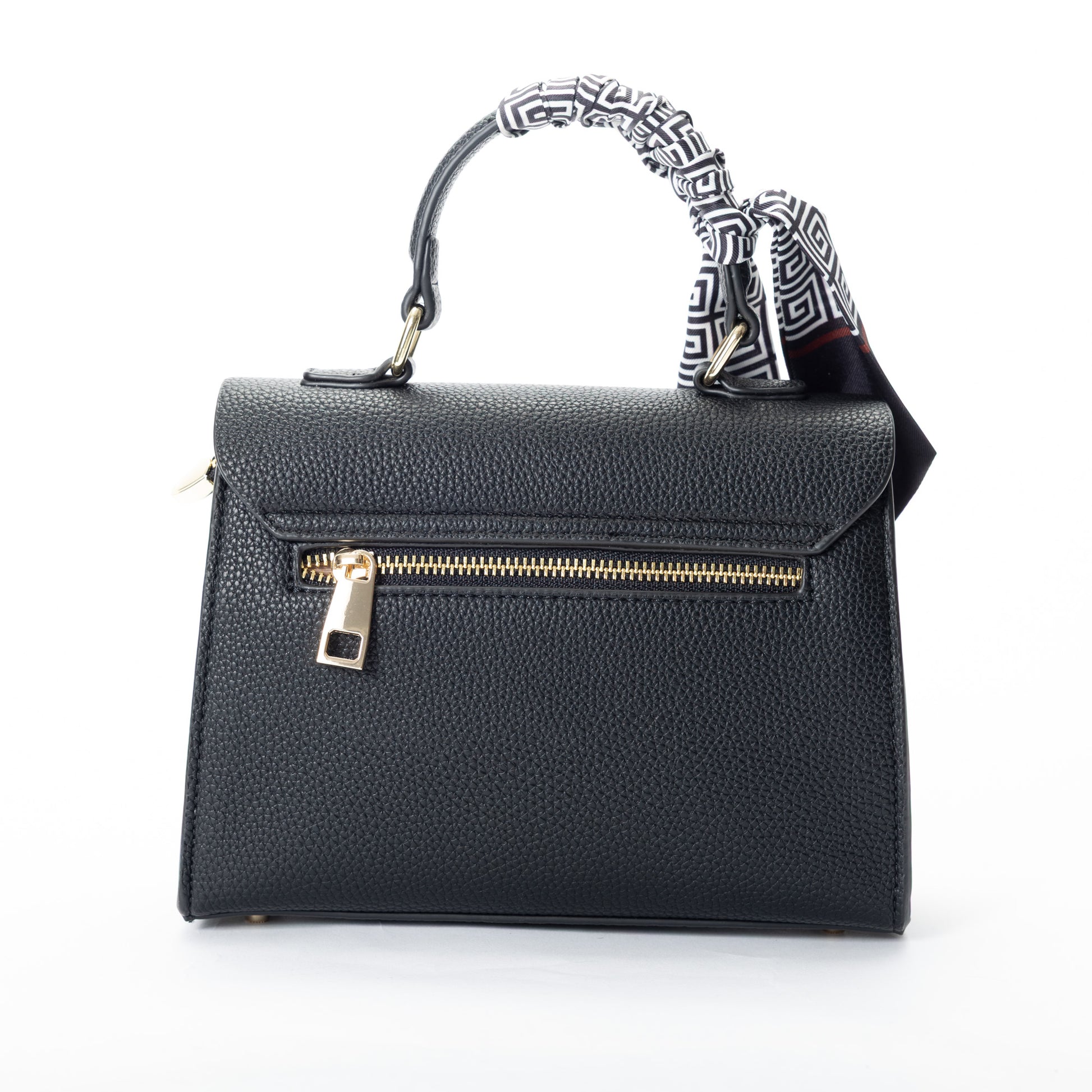 Miss Caprice Hope Handbag: black faux leather with gold zipper, lock, and patterned scarf for a stylish touch.