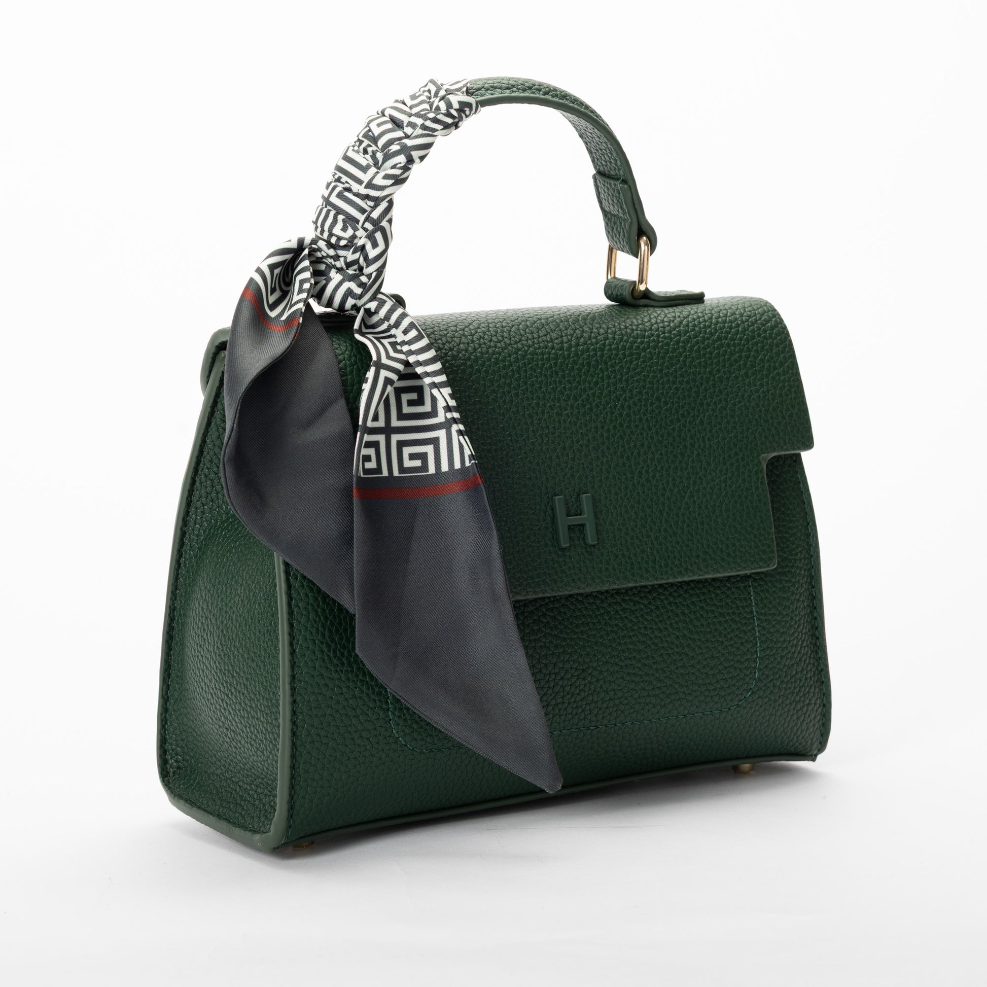 Miss Caprice Hope Handbag in dark green faux leather with top handle and black-and-white scarf detail.