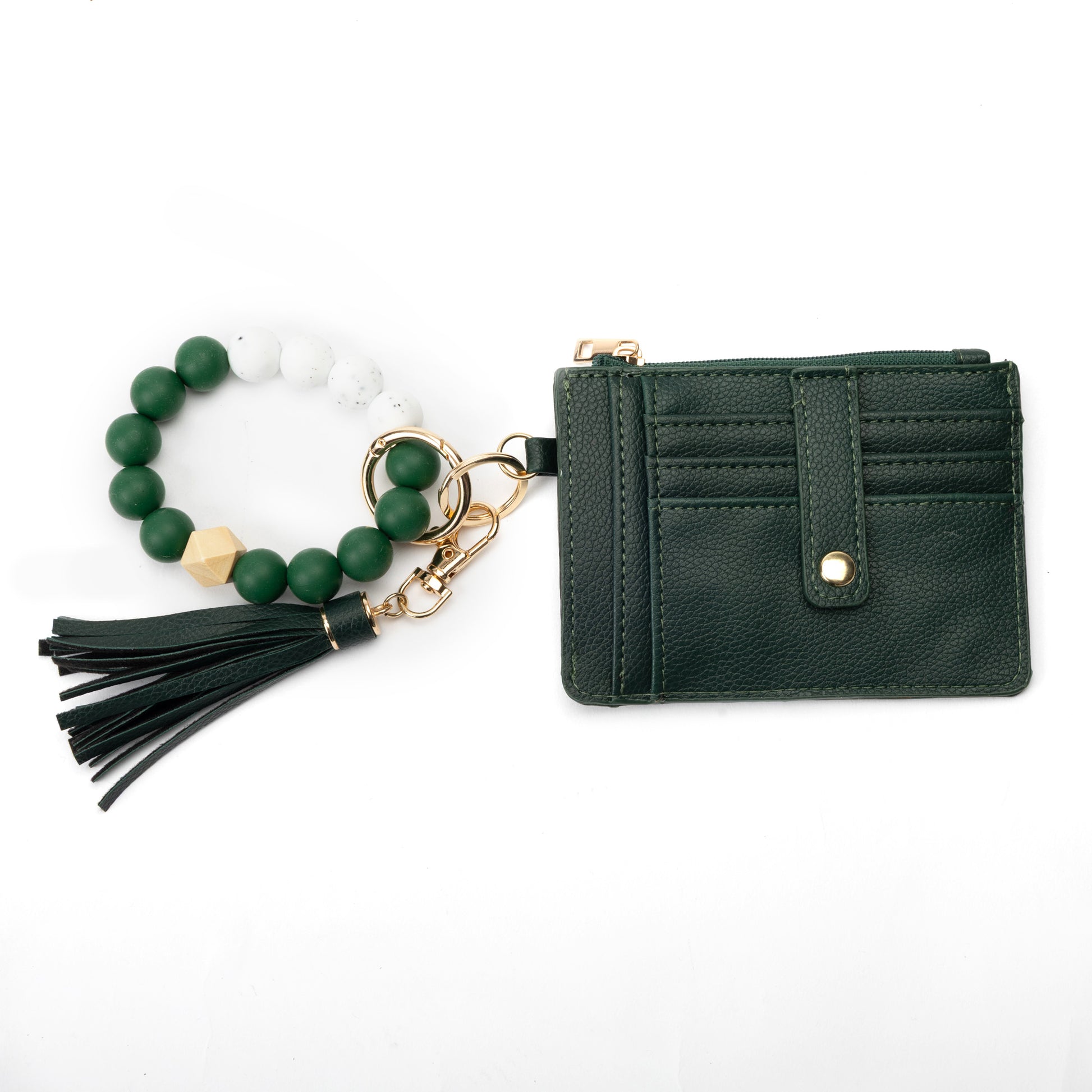 Miss Caprice Cardholder with Bracelet Keychain: dark green faux leather, gold snap, beaded bracelet, black tassel.