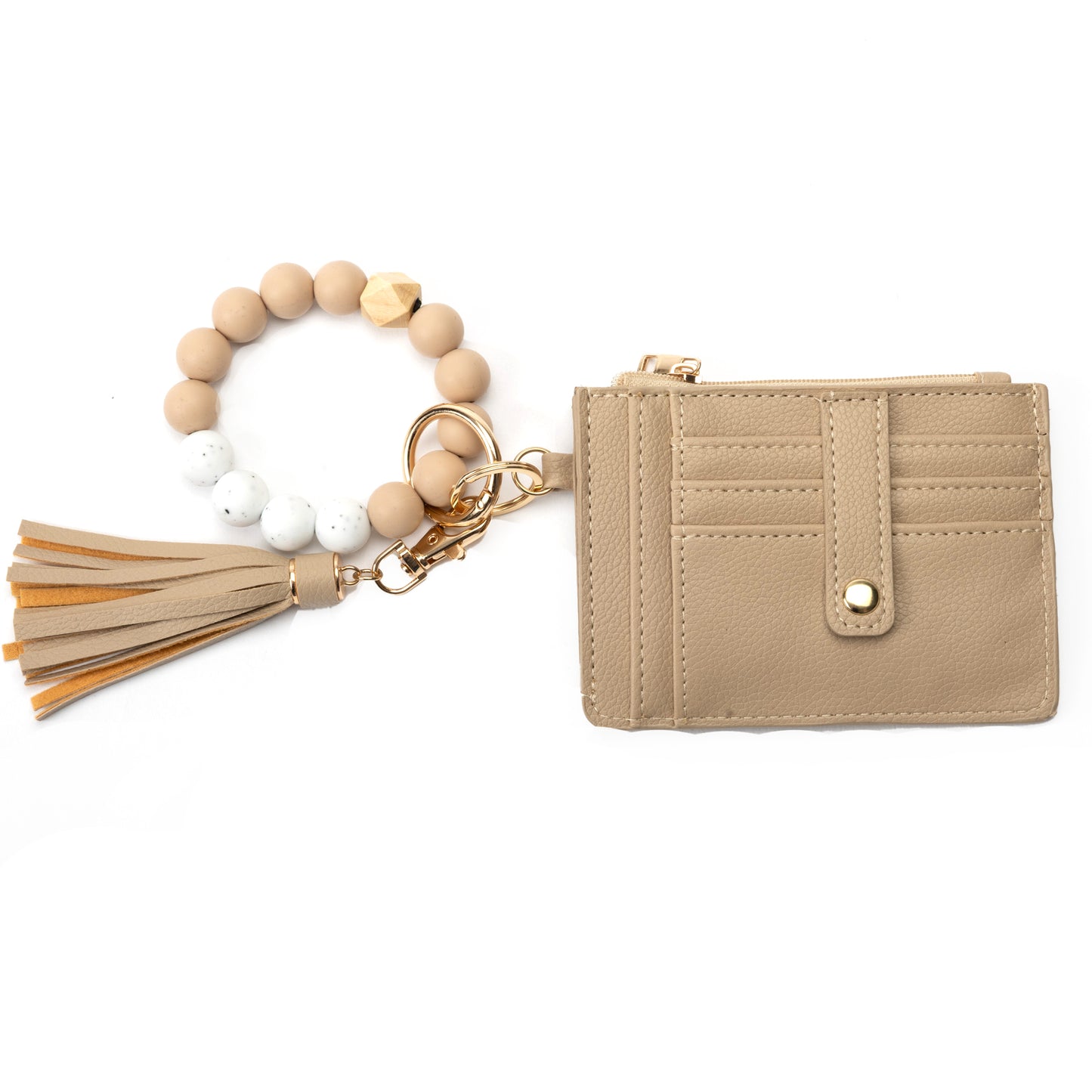 Miss Caprice Cardholder with bracelet keychain, tassel, gold hardware & card slots in beige faux leather.