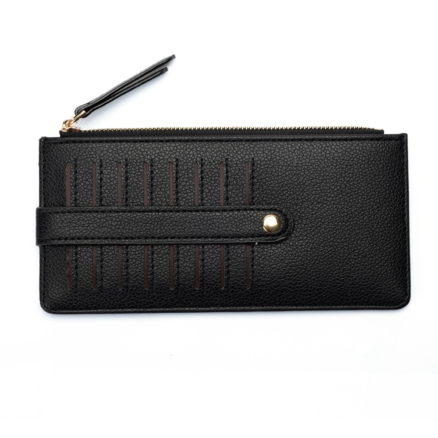 Miss Caprice Card Wallet: black faux leather with zipper, vertical stitching & snap strap by Miss Caprice.