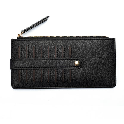 Miss Caprice Card Wallet: black faux leather with zipper, vertical stitching & snap strap by Miss Caprice.