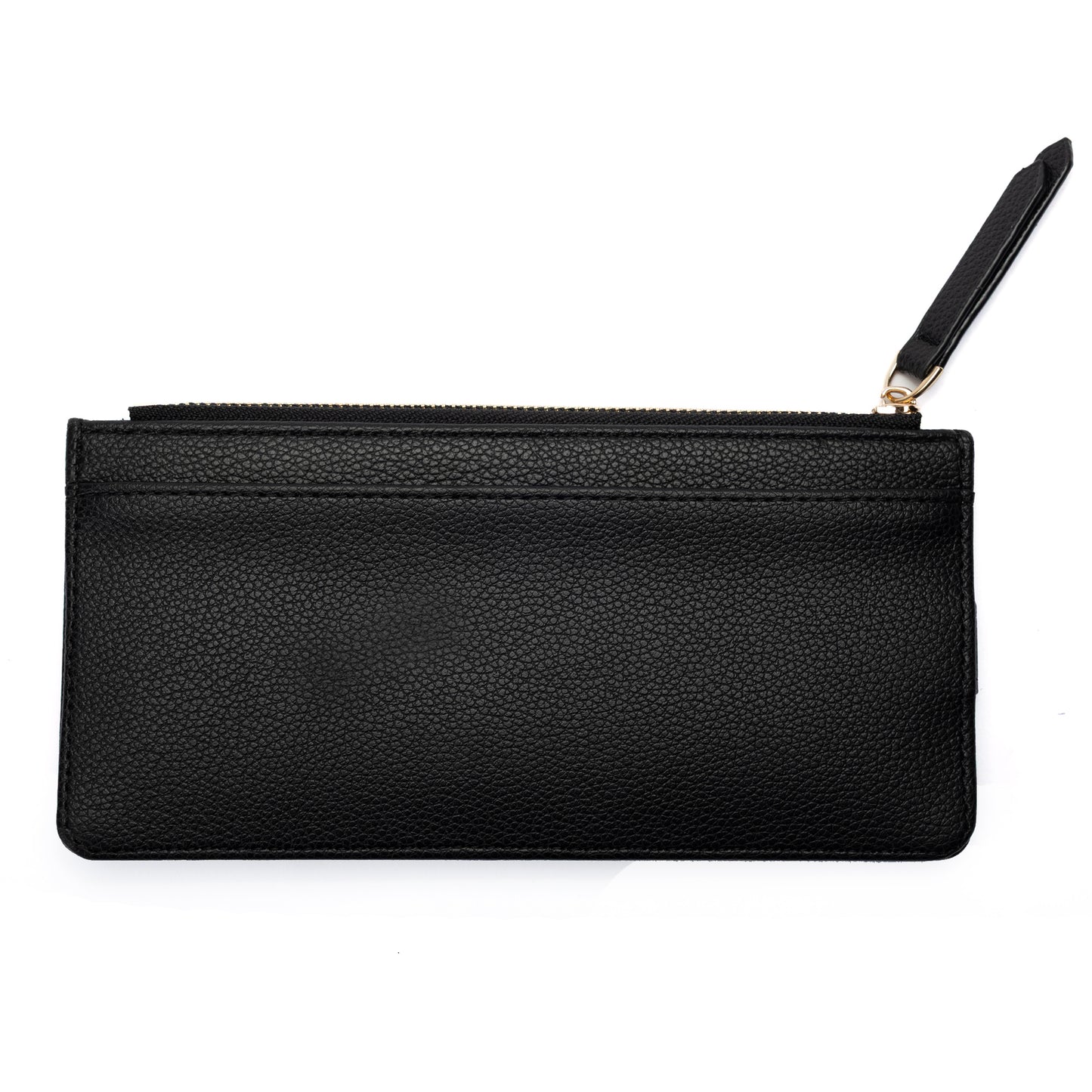 Miss Caprice Card Wallet: black faux leather clutch with wrist strap and zip closure by Miss Caprice.