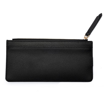 Miss Caprice Card Wallet: black faux leather clutch with wrist strap and zip closure by Miss Caprice.