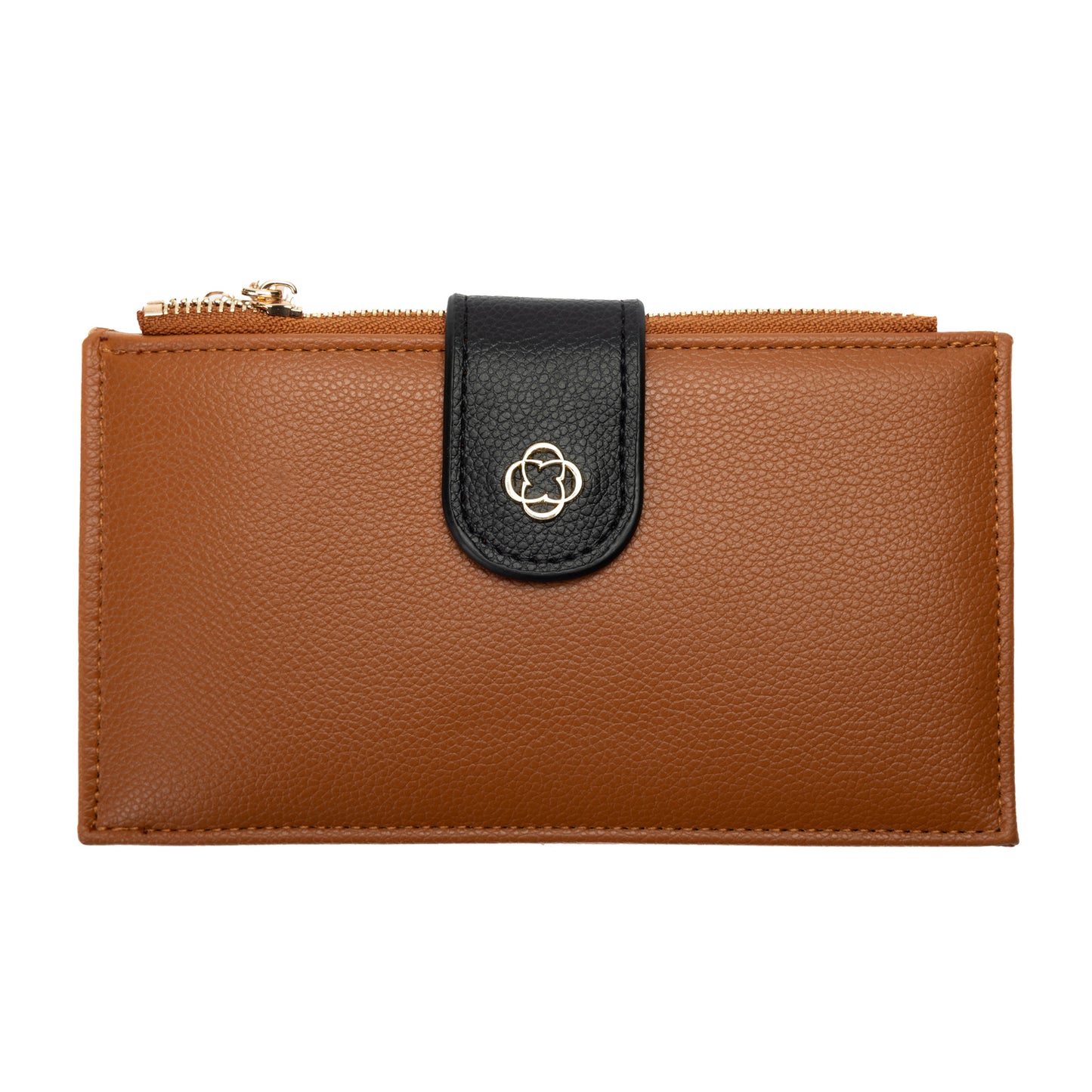 Miss Caprice Slim Wallet in brown with black snap tab, gold emblem, and card slots on a white background.