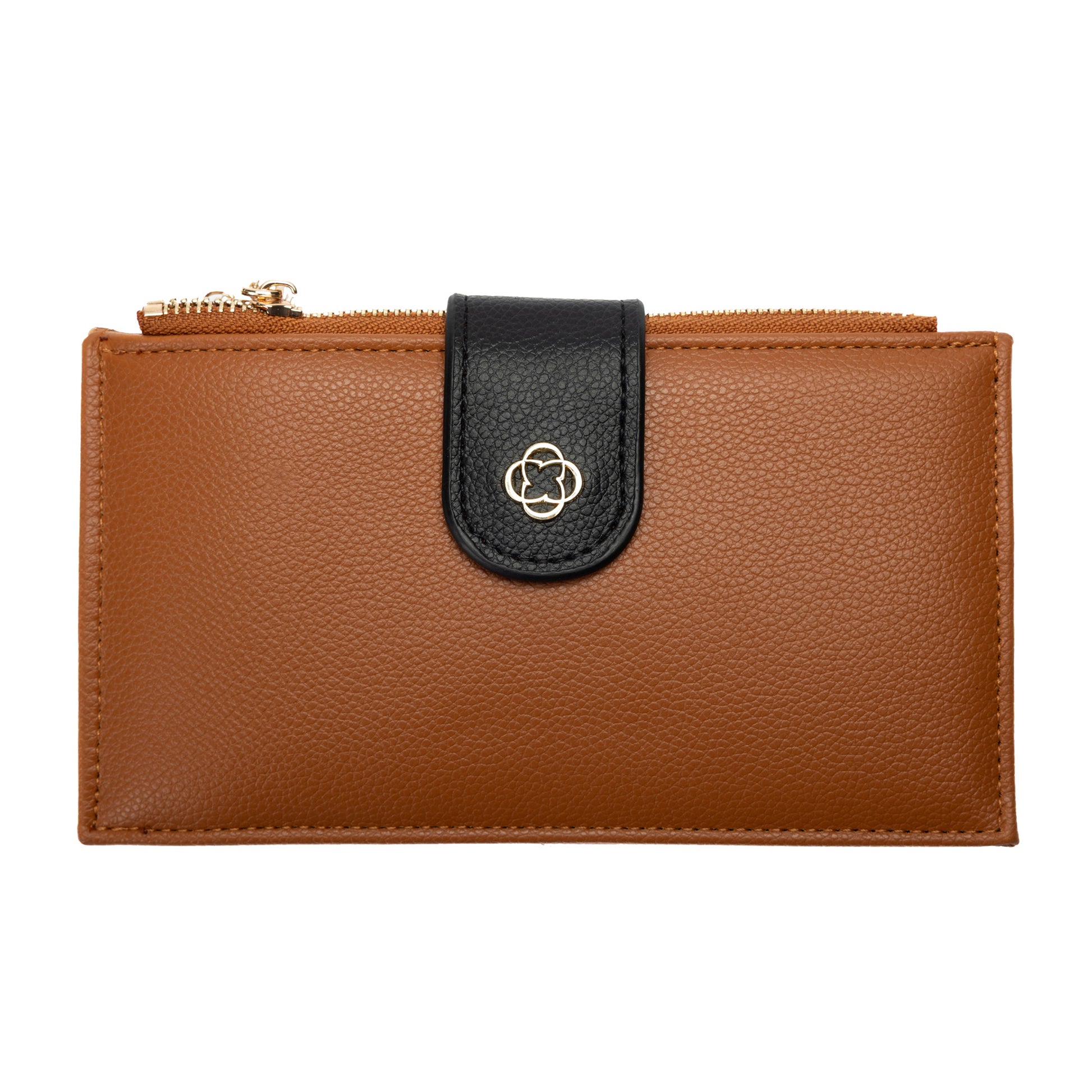 Miss Caprice Slim Wallet in brown with black snap tab, gold emblem, and card slots on a white background.