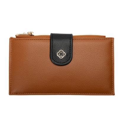 Miss Caprice Slim Wallet in brown with black snap tab, gold emblem, and card slots on a white background.