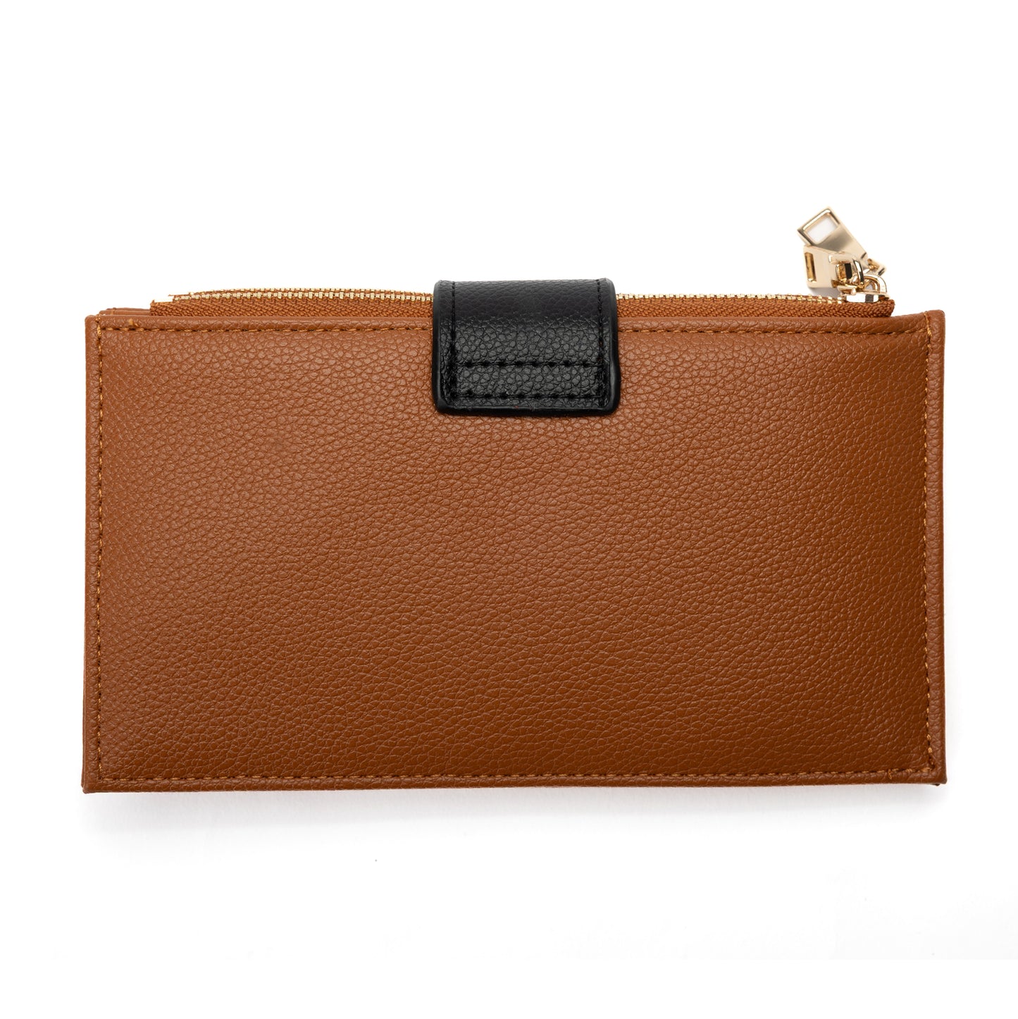 Miss Caprice Slim Wallet in brown faux leather features multiple card slots, a black snap, and gold zipper.