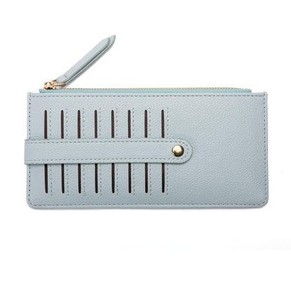 Miss Caprice Card Wallet: light blue faux leather, vertical cut-out, compact, zip & snap closure.