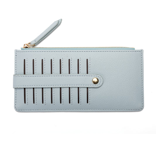 Product Image – Miss Caprice Card Wallet: light blue faux leather, vertical cut-out, compact, zip & snap closure.