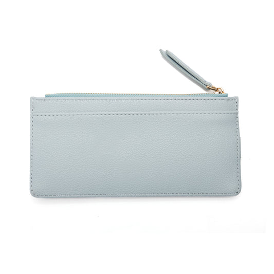 Product Image – Miss Caprice Card Wallet: light blue faux leather with zipper, wrist strap, and compact design.