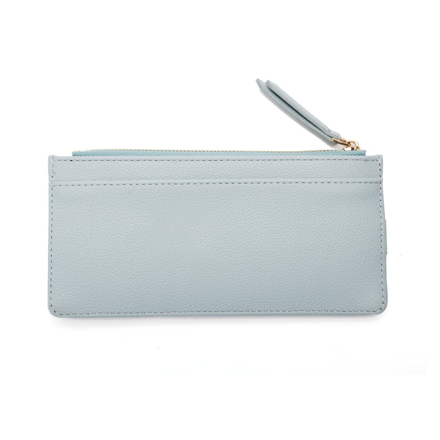 Miss Caprice Card Wallet: light blue faux leather with zipper, wrist strap, and compact design.