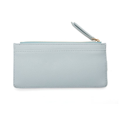Miss Caprice Card Wallet: light blue faux leather with zipper, wrist strap, and compact design.