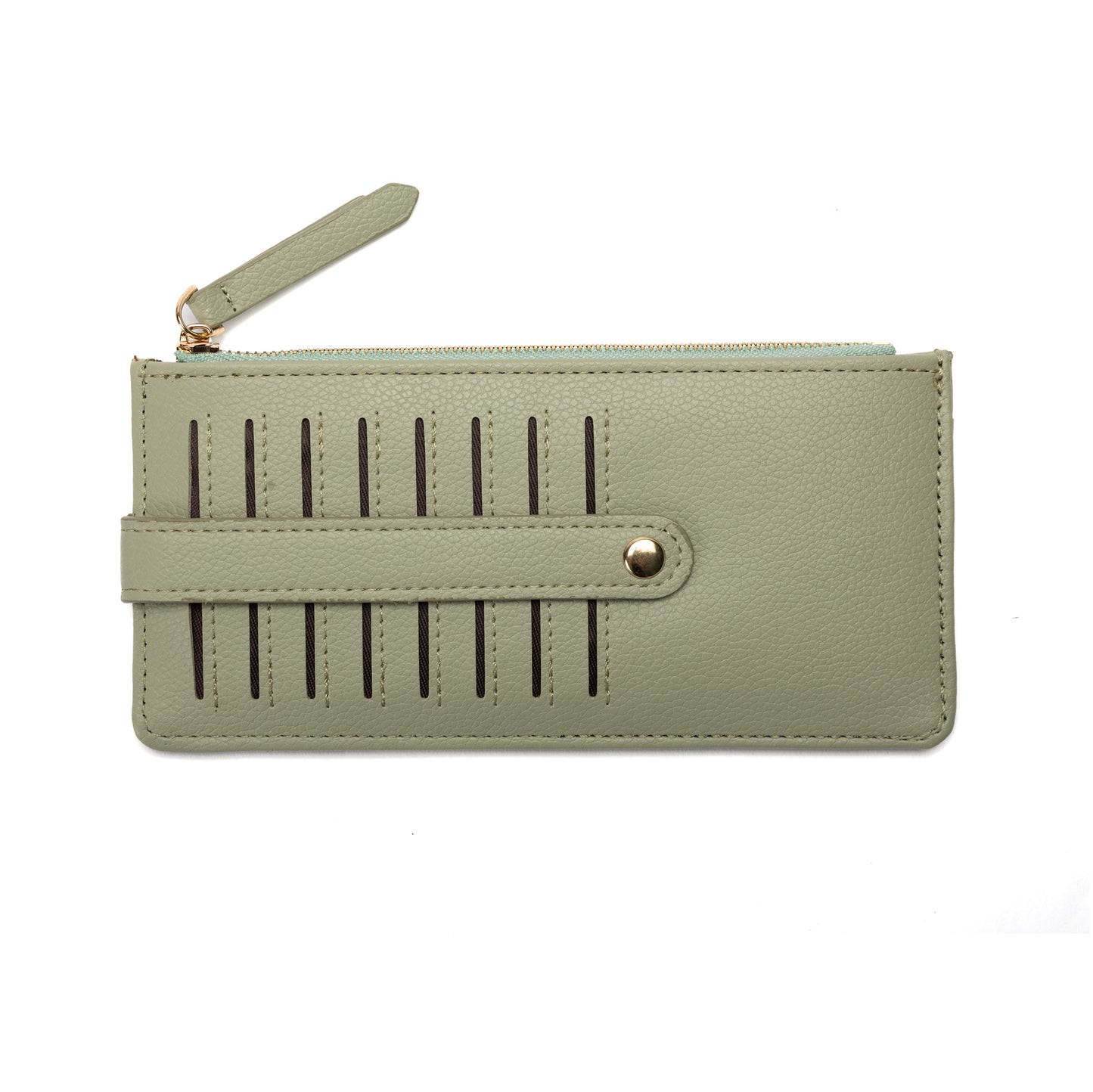 Miss Caprice Card Wallet in light green faux leather with vertical slots and snap strap, by Miss Caprice.