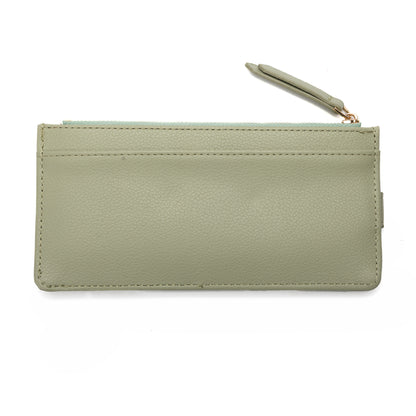 Miss Caprice Card Wallet: light green faux leather, zipper, front pocket, compact design by Miss Caprice.