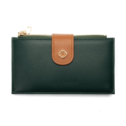 Dark green Miss Caprice Slim Wallet with brown clasp, gold zipper, flower emblem, and zippered pockets.