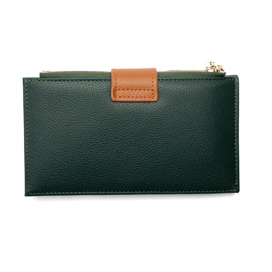 Product Image – Miss Caprice Slim Wallet in dark green with brown tab, multiple card slots, shown on a white background.