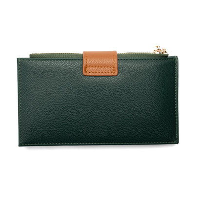 Miss Caprice Slim Wallet in dark green with brown tab, multiple card slots, shown on a white background.