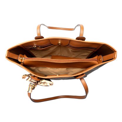 Miss Caprice Signature Tote with Scarf in brown leather, tan interior, multi compartments, gold hardware.