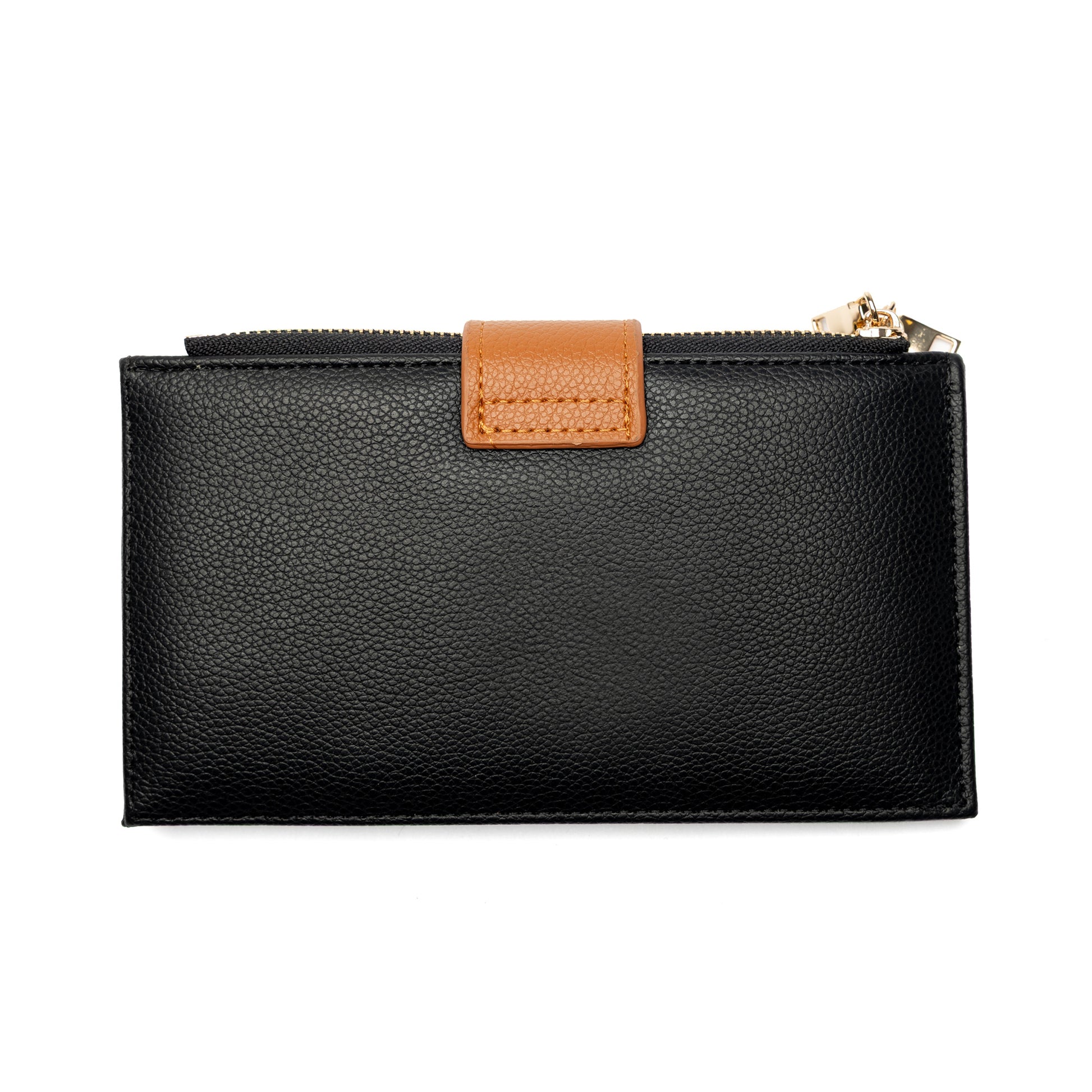 Miss Caprice Slim Wallet in black with brown snap, top zipper, and card slots on a white background.