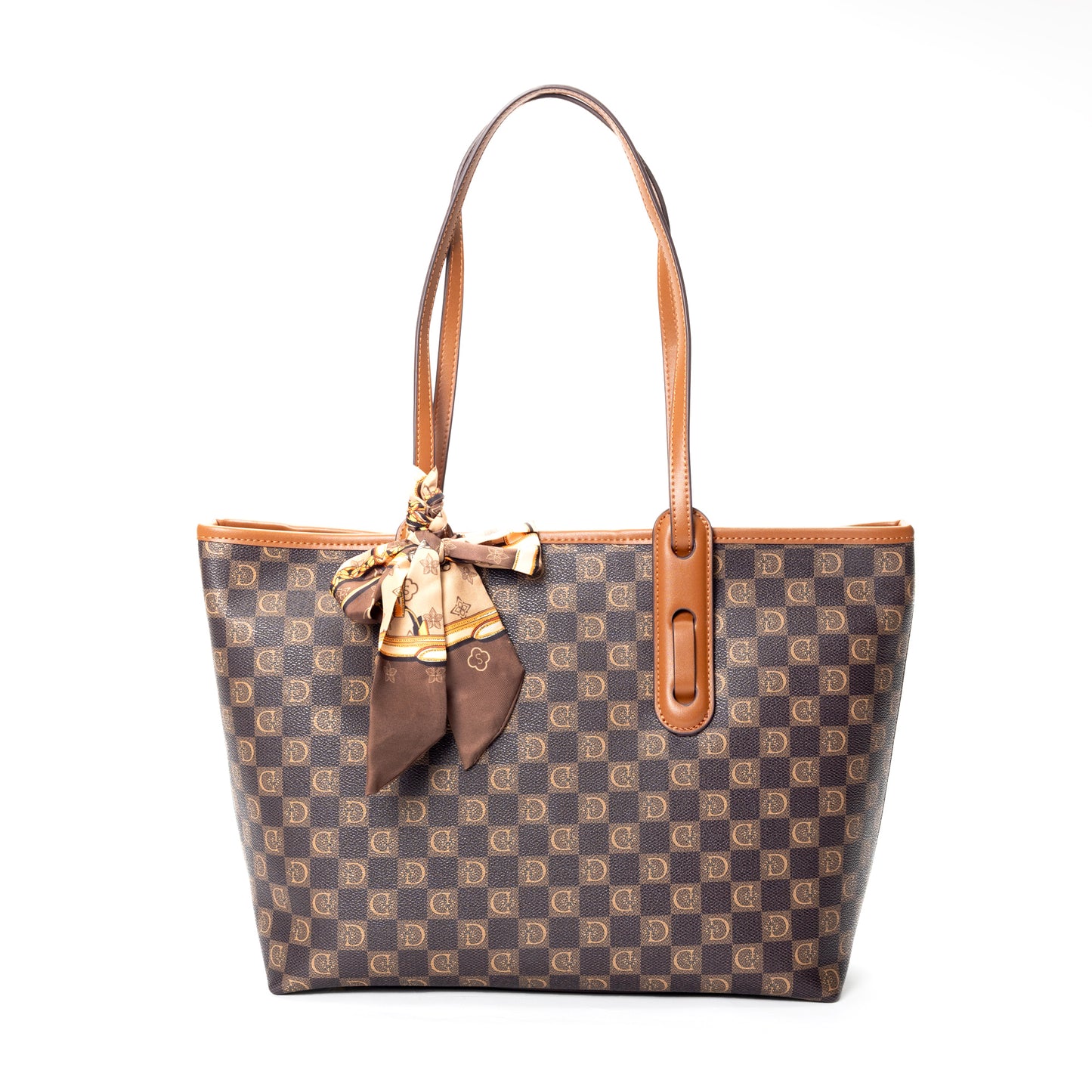 Miss Caprice Signature Tote with Scarf features a brown pattern, tan handles, and a chic decorative scarf.